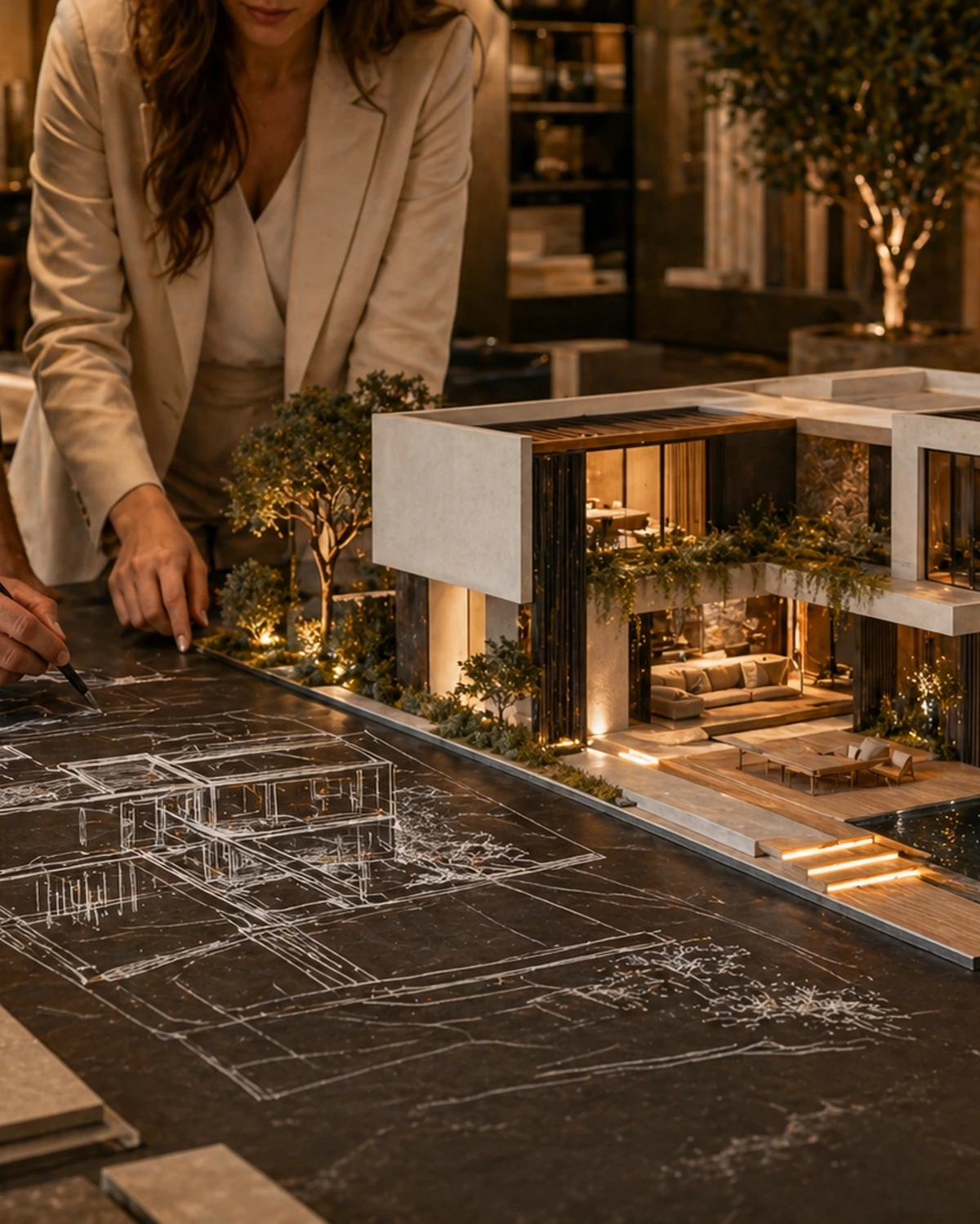 Design journey image showing a chalk architectural concept becoming a built structure
