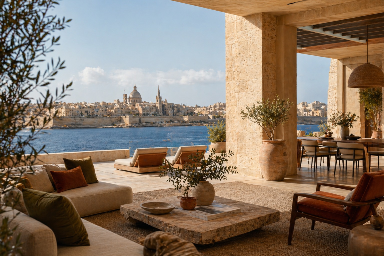 Sophisticated Maltese coastal interior scene representing the Mediterranean character behind VALÀ