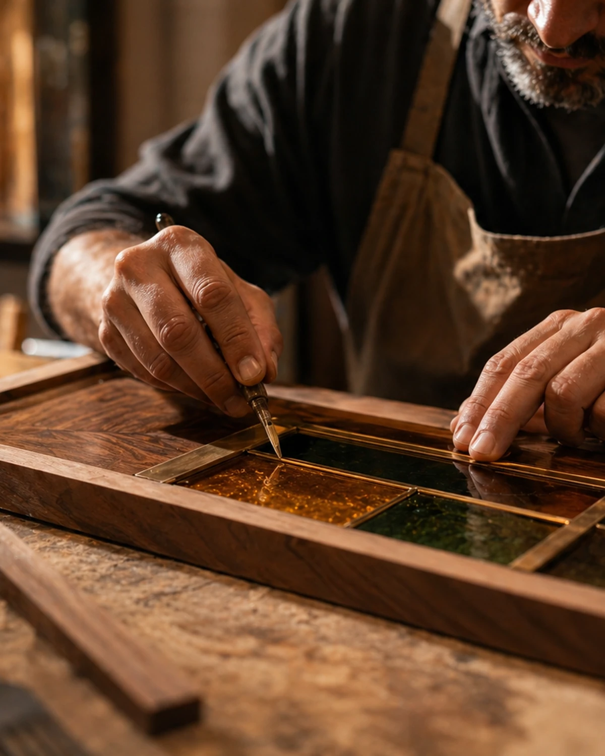 Close-up craftsmanship image showing premium woodwork and glasswork detail