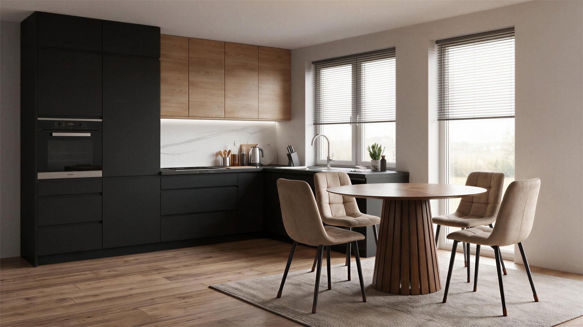 Fitted apartment kitchen with walnut round dining table and brown dining chairs