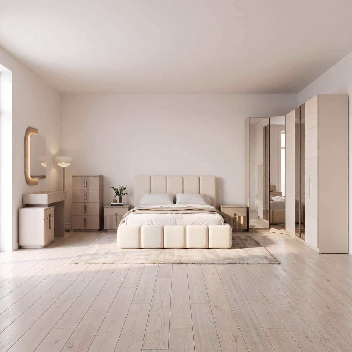 Sand beige bedroom package with wardrobe, bed, mattress, night tables, vanity dresser and chest of drawers