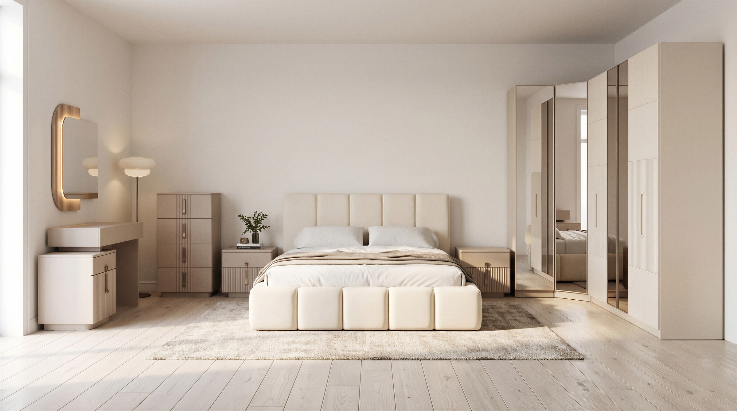 Sand beige bedroom package with wardrobe, bed, mattress, night tables, vanity dresser and chest of drawers