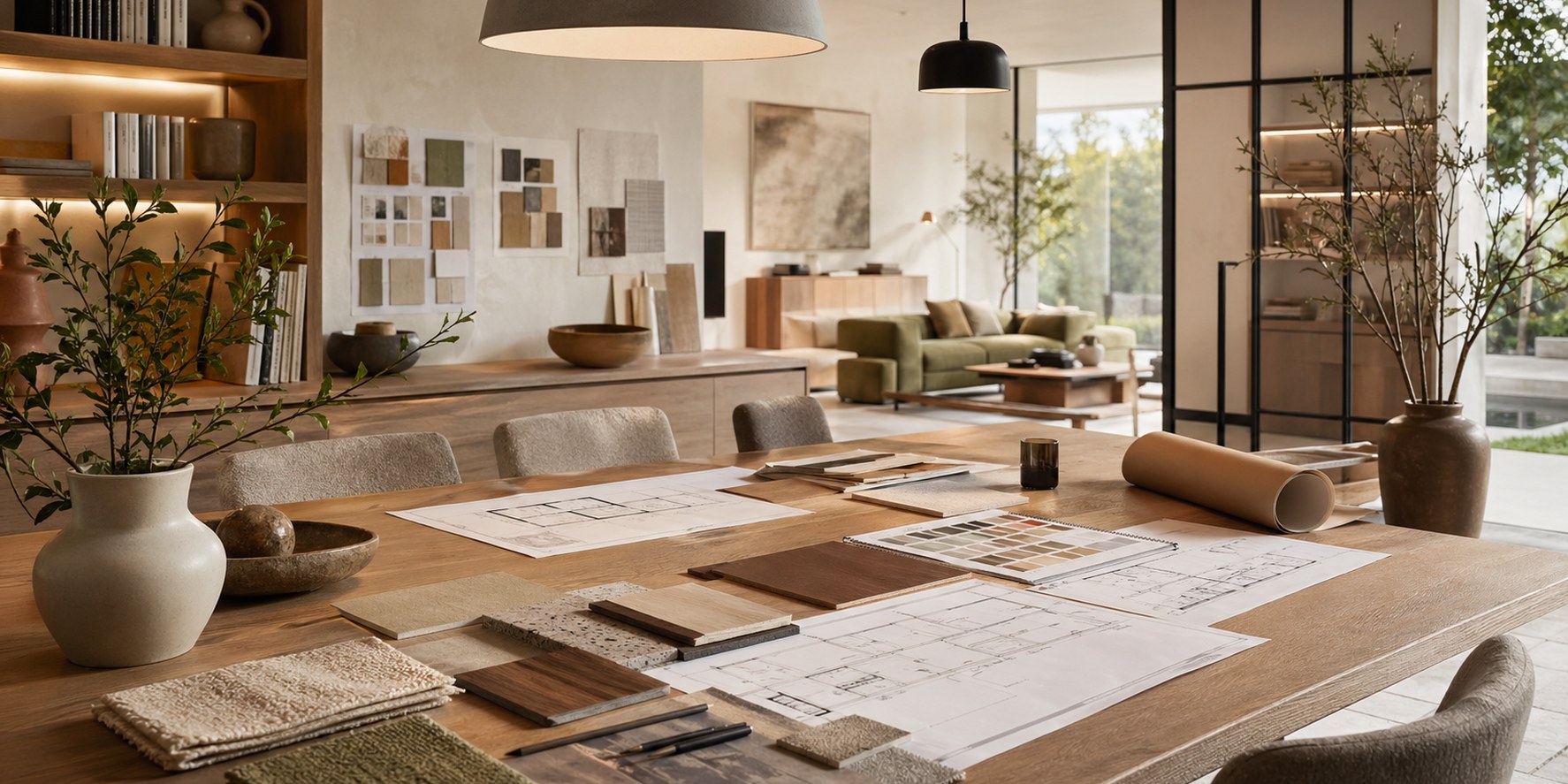 Interior design studio with plans, material samples, lighting and furniture