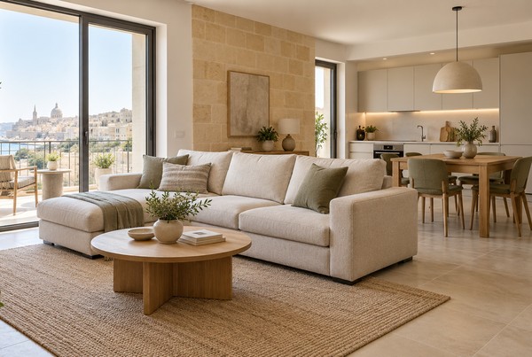 Open-plan Malta apartment with coordinated living, dining and kitchen furniture
