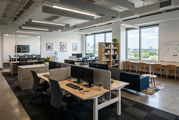 Modern open-plan office furnished with desks, ergonomic chairs and breakout seating