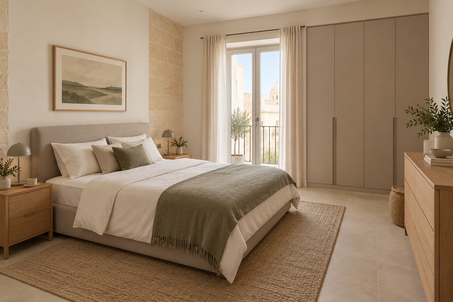 Warm neutral bedroom with an upholstered bed, bedside units, fitted wardrobe and timber dresser