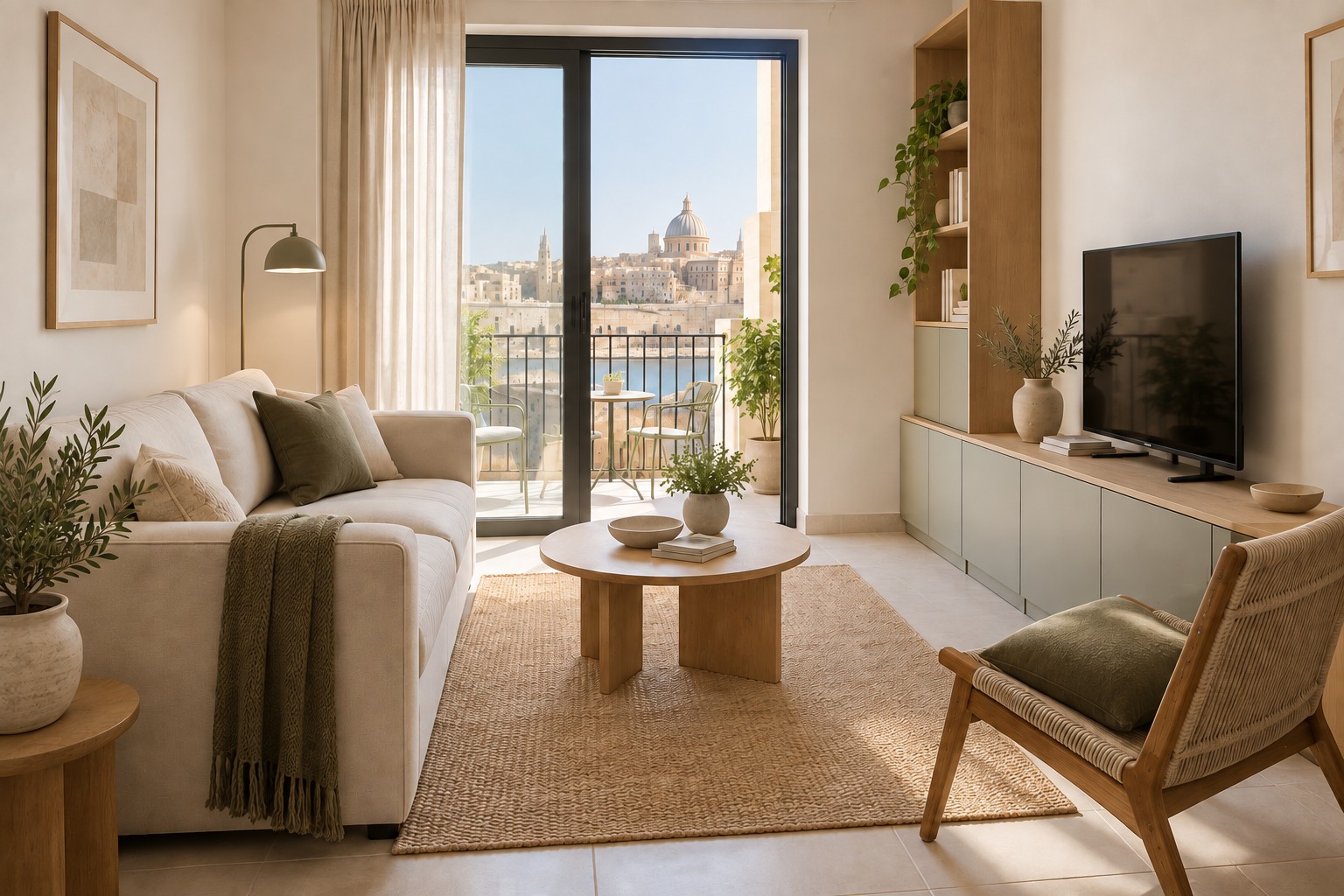Compact living room with a neutral sofa, round coffee table, occasional chair and low media storage