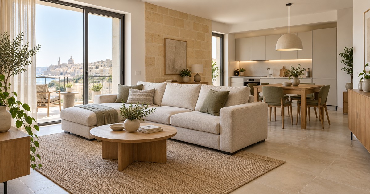 Open-plan Malta apartment with coordinated living, dining and kitchen furniture