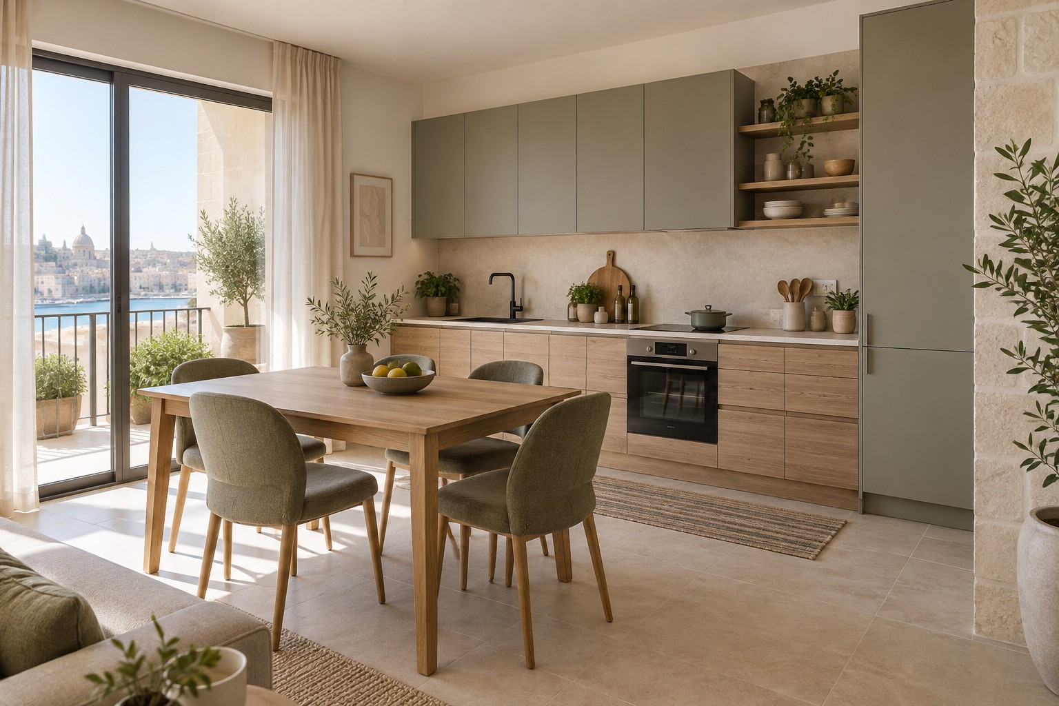 Open-plan apartment kitchen and dining area with light timber finishes and four upholstered chairs