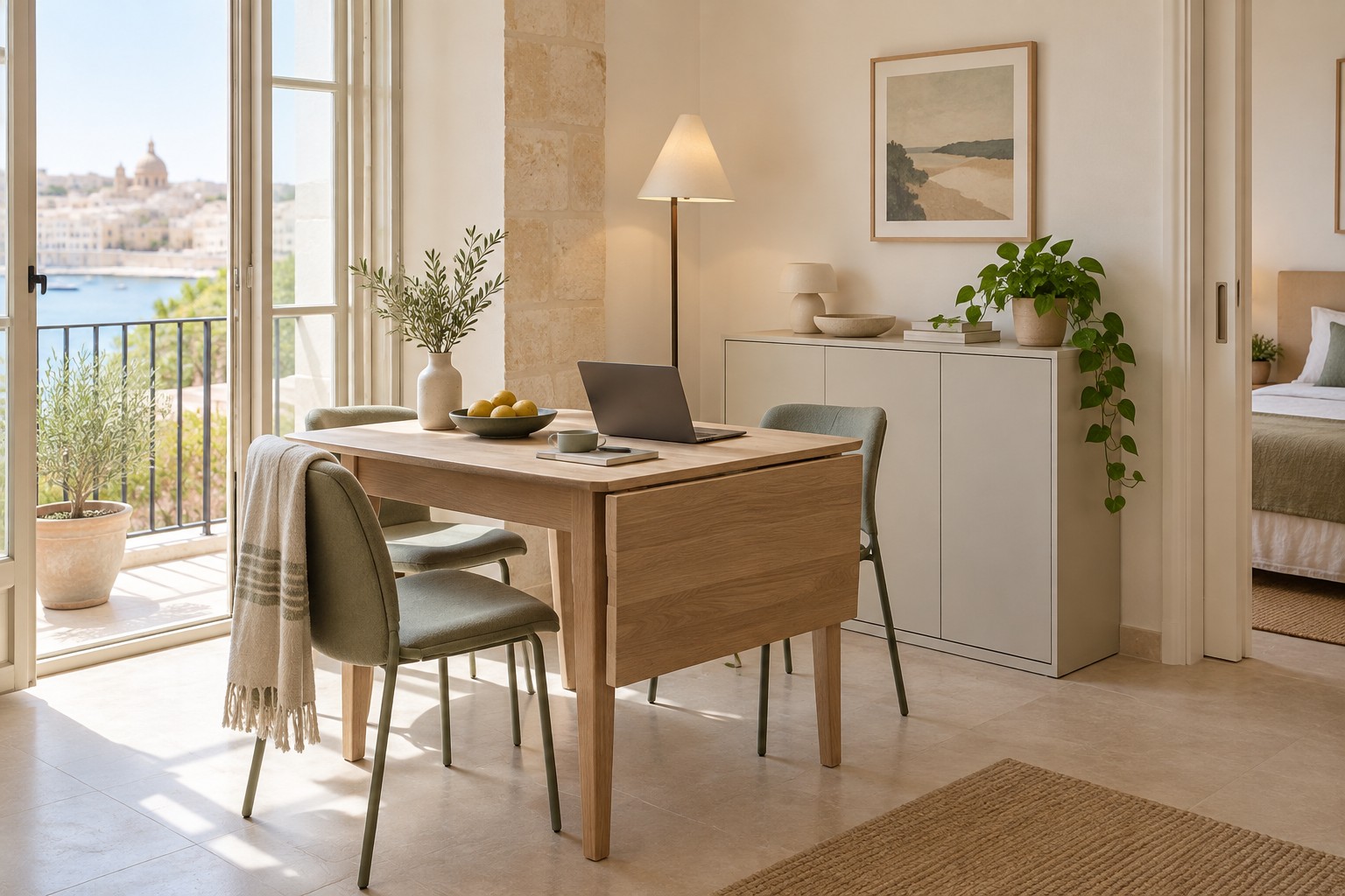 Compact timber table set up for dining and occasional home working