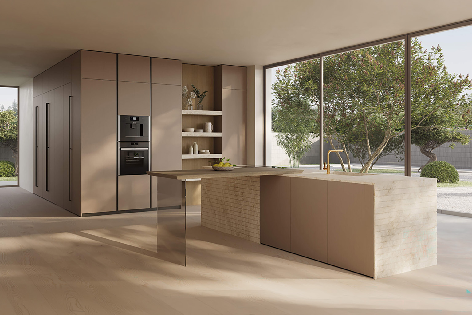 Contemporary Zecchinon kitchen with an island, integrated appliances and garden views