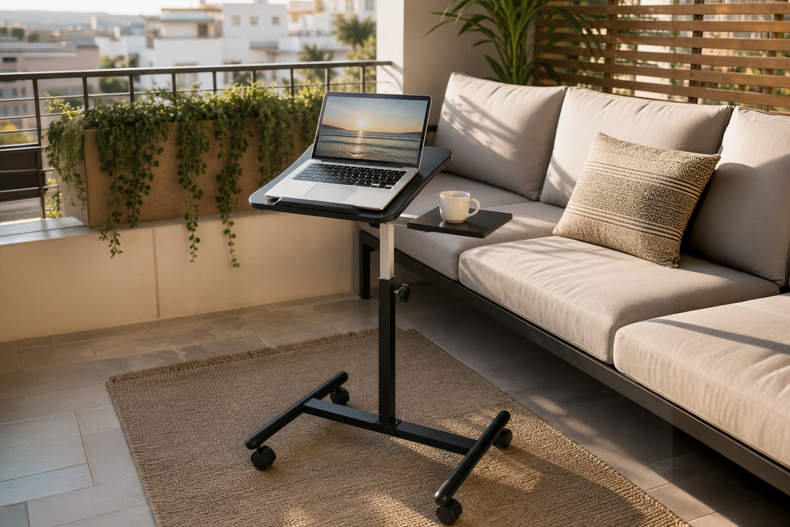 Mobile adjustable work table beside lounge seating