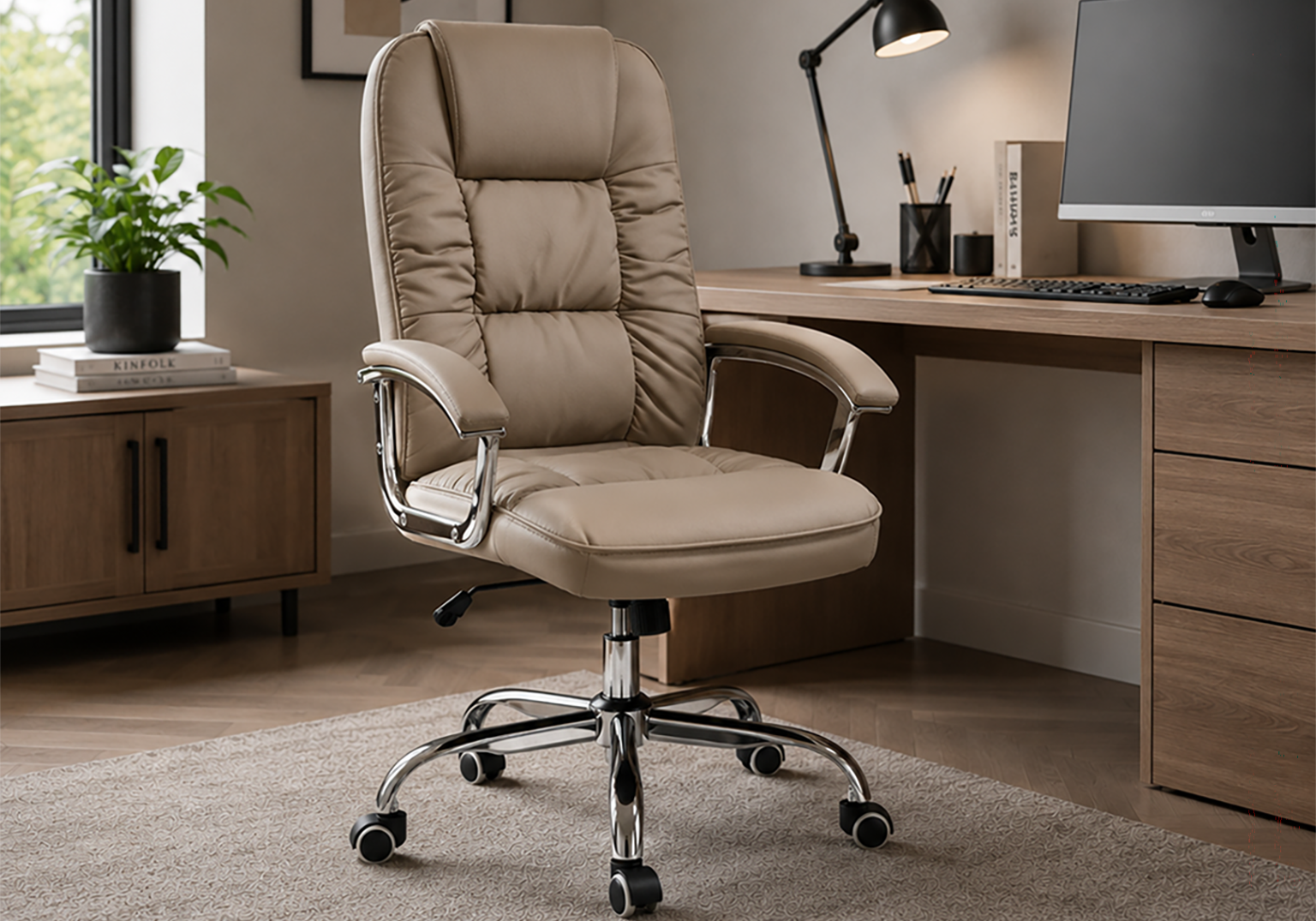 Adjustable office chair positioned at a modern wooden desk
