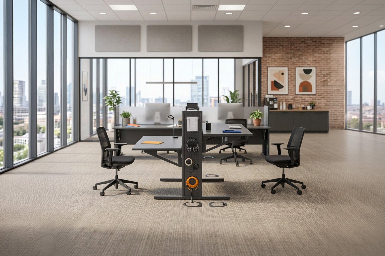 Open-plan office with workstations, task chairs and integrated cable management