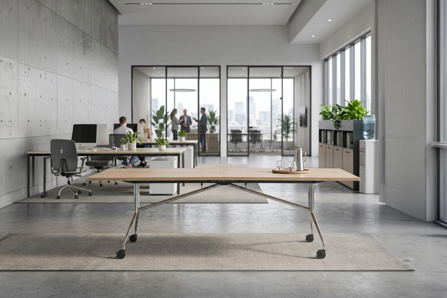 Modern wooden conference table in a bright professional office