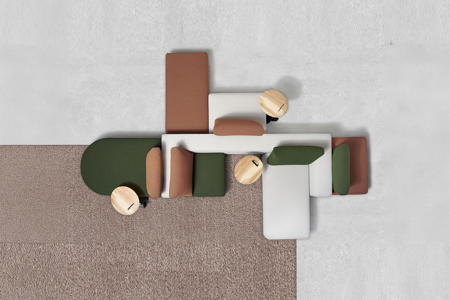 Modular lounge seating arranged as a flexible office breakout area