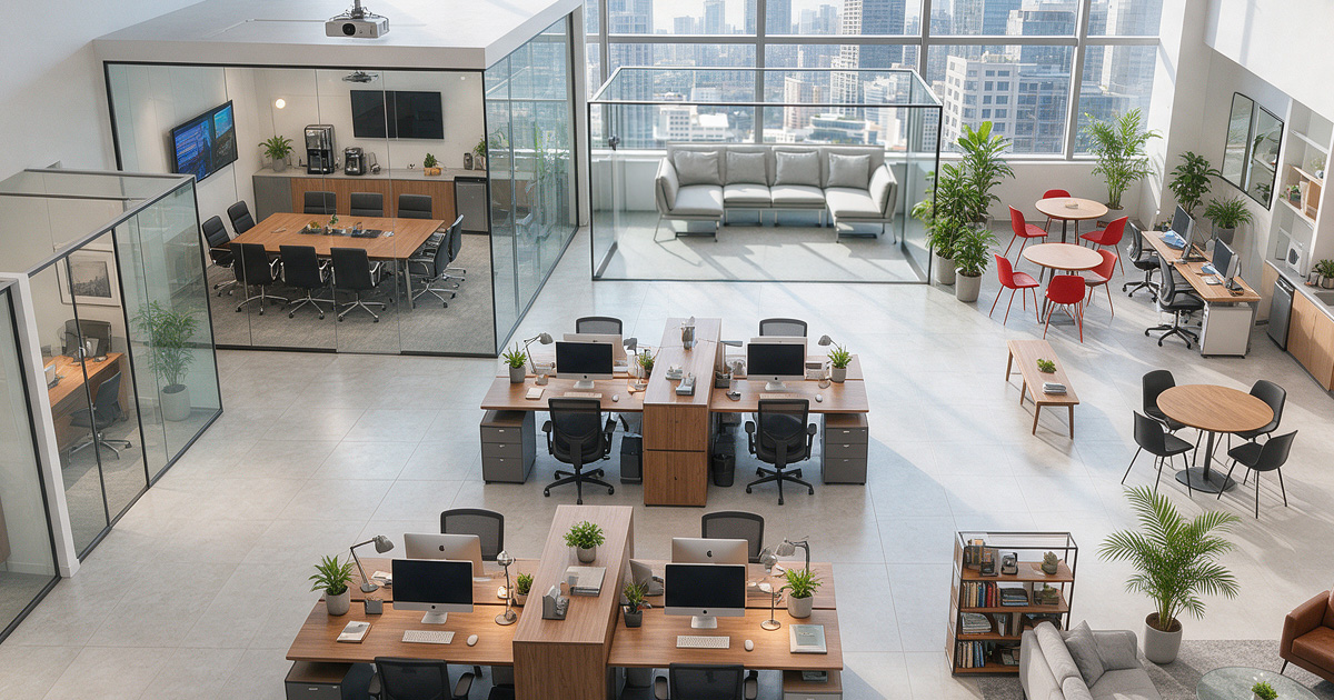 Modern office interior with workstations, task seating and breakout furniture