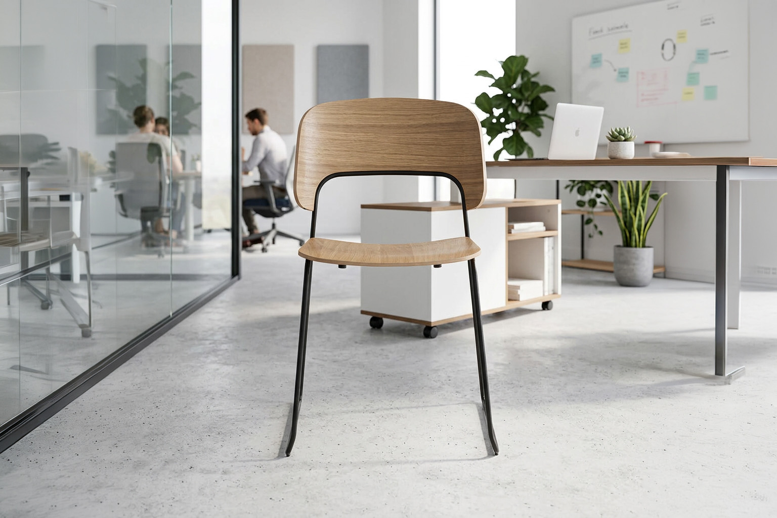 Stackable wooden chair in a contemporary meeting space