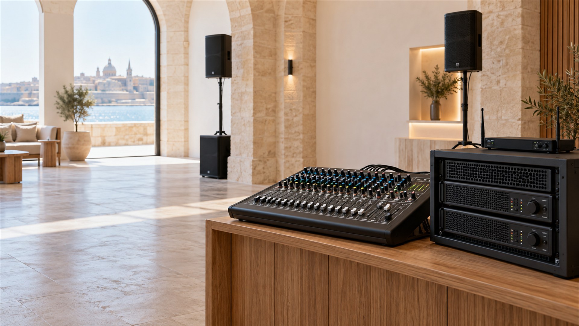 Professional audio mixer and amplifier rack in a bright Mediterranean control space