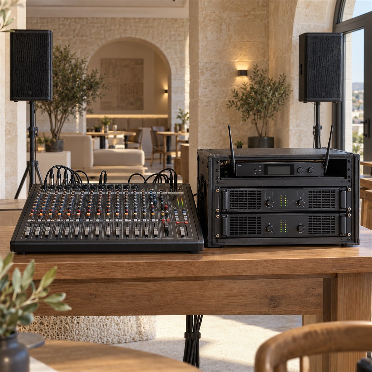 Audio mixer and amplifier rack presented as a coordinated control system