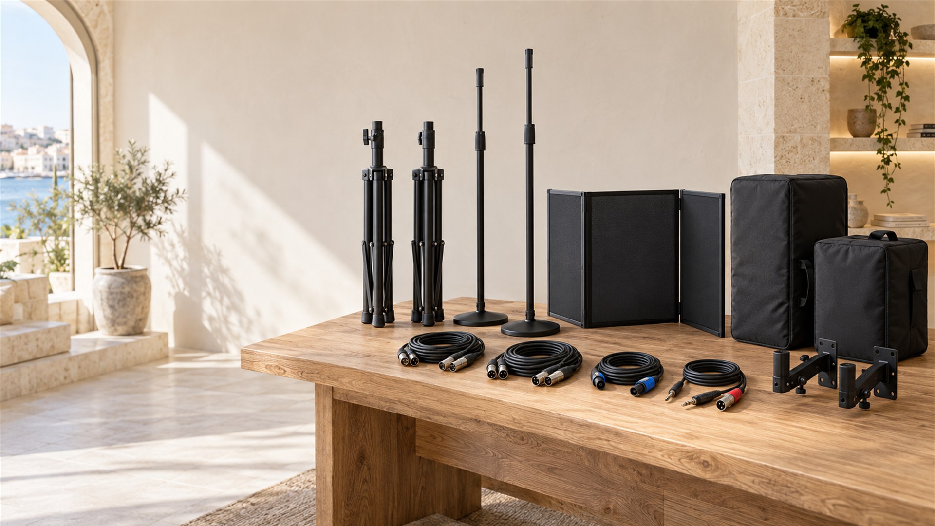Speaker and microphone stands, cables, brackets, booth screen and padded cases in a Mediterranean showroom