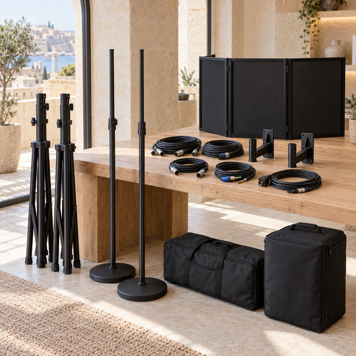 Audio stands, cables, brackets, booth screen and protective cases arranged for selection