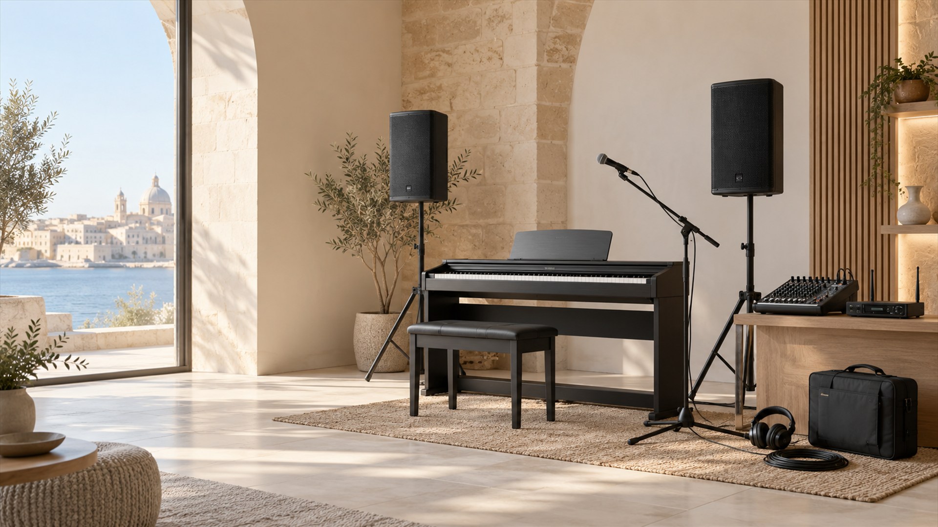 Audio setting with digital piano, speakers, microphone, mixer and accessories in a bright Mediterranean interior