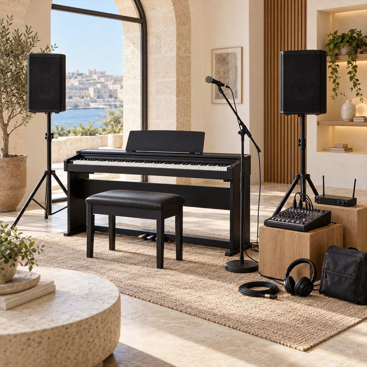 Complete audio equipment family in a warm Mediterranean interior