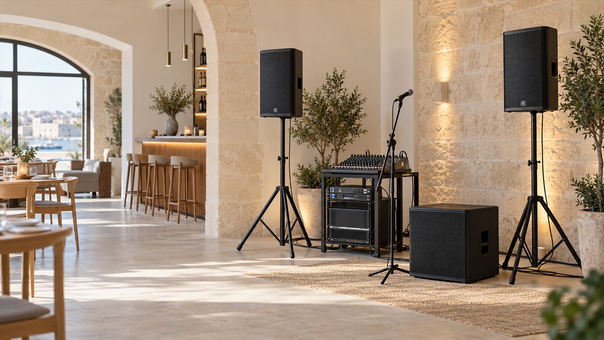 PA speakers, subwoofer, microphone, mixer and amplifier rack in a bright Mediterranean hospitality venue