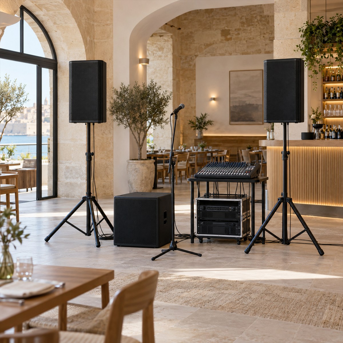 Commercial PA system arranged in a Mediterranean hospitality setting