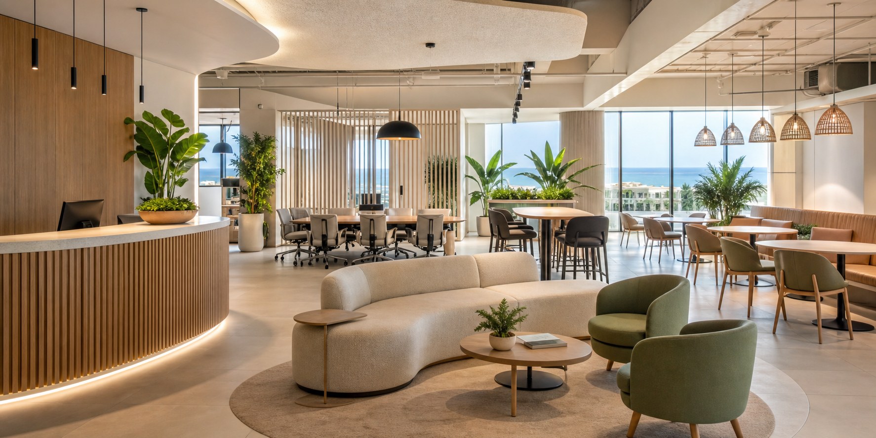 Bright interior with lounge seating, work tables, dining areas, lighting and finish details