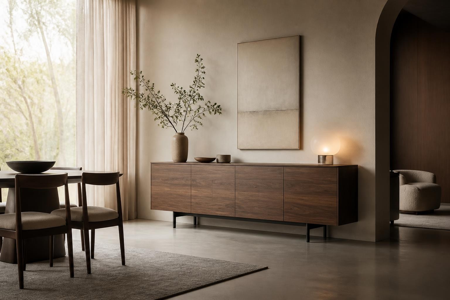 Warm contemporary dining area with sideboard and table setting
