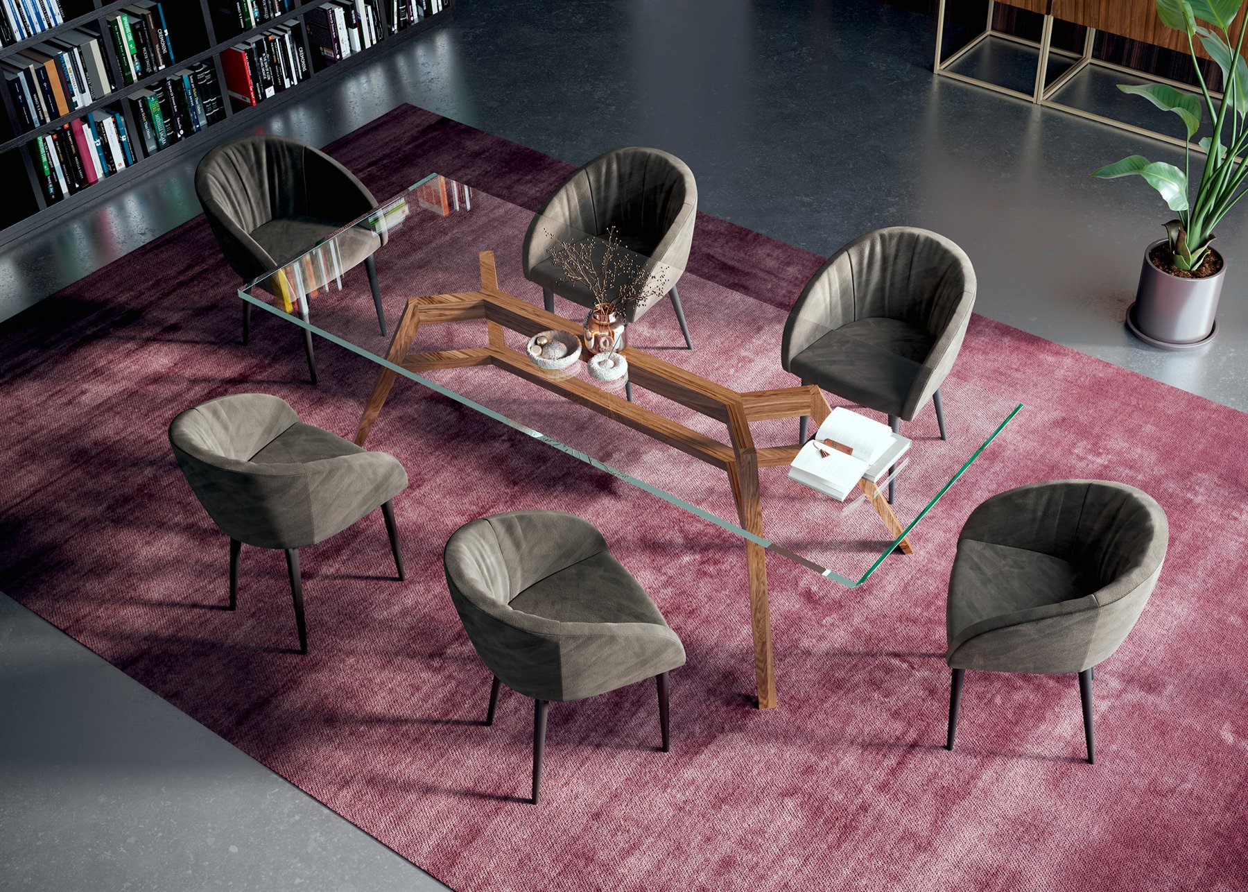 Di Lazzaro Casa dining table composition with upholstered chairs and glass top