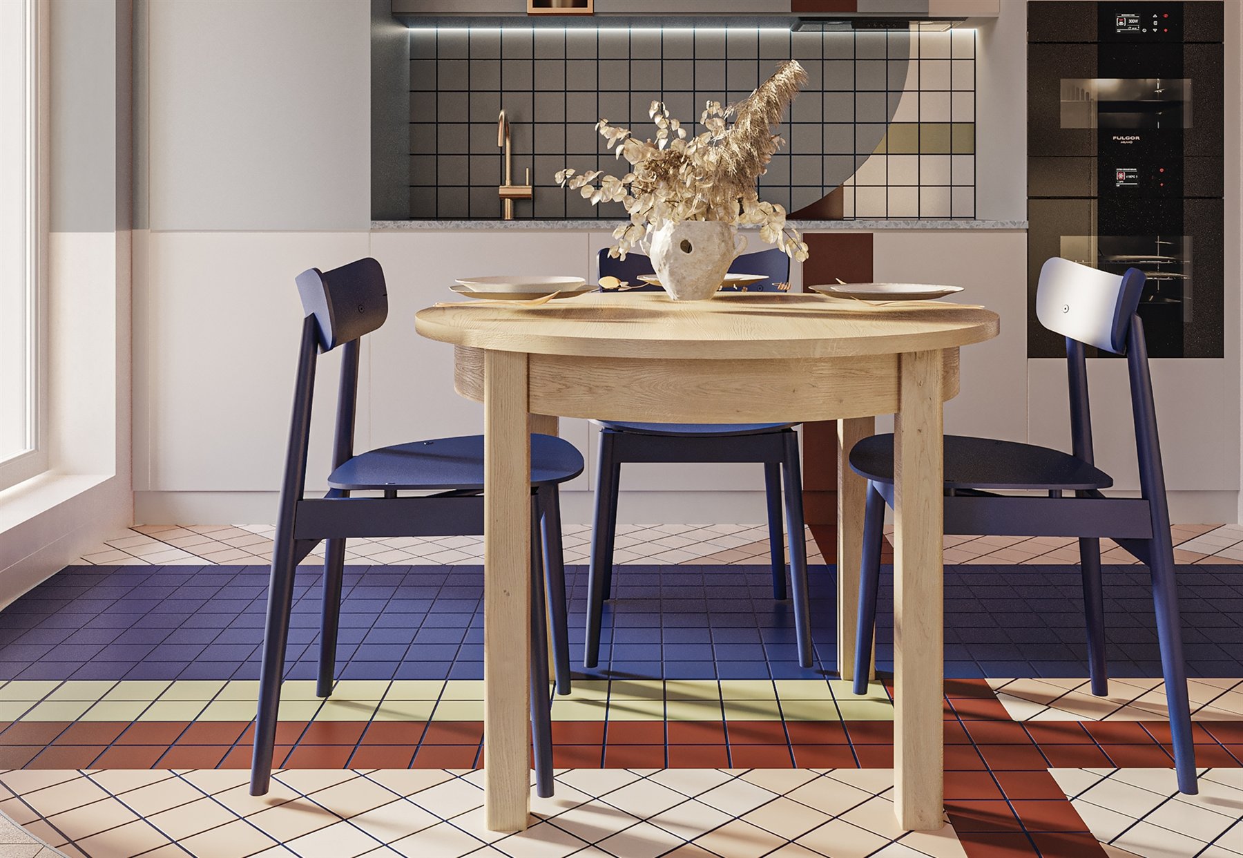 Fameg dining table with blue chairs in a colourful apartment interior