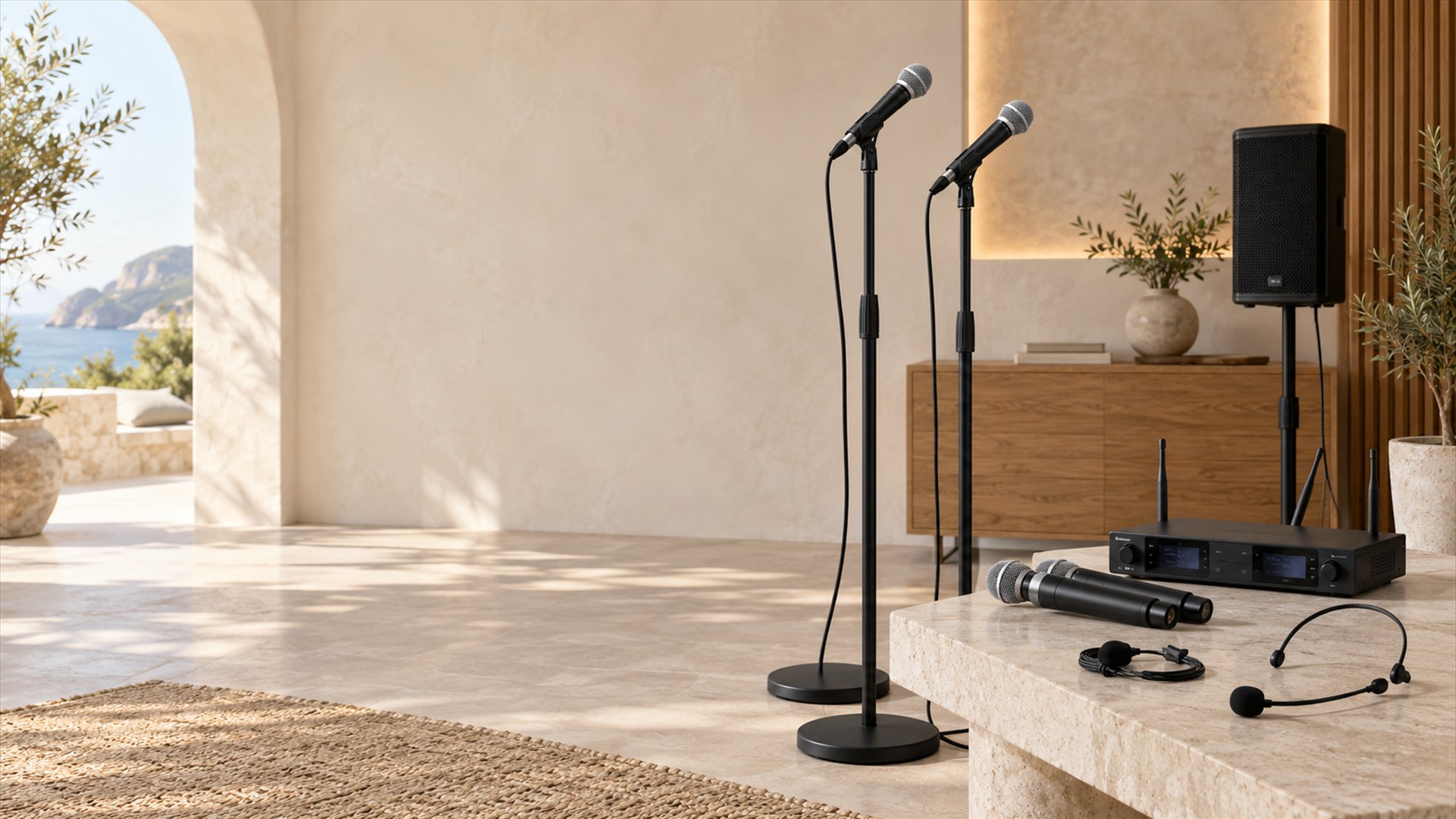 Wired and wireless microphones, receiver, headset and lapel microphone in a Mediterranean presentation space