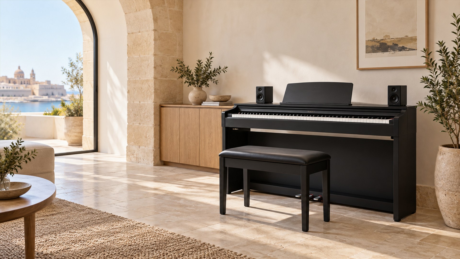 Black digital piano and padded bench in a bright Mediterranean home interior