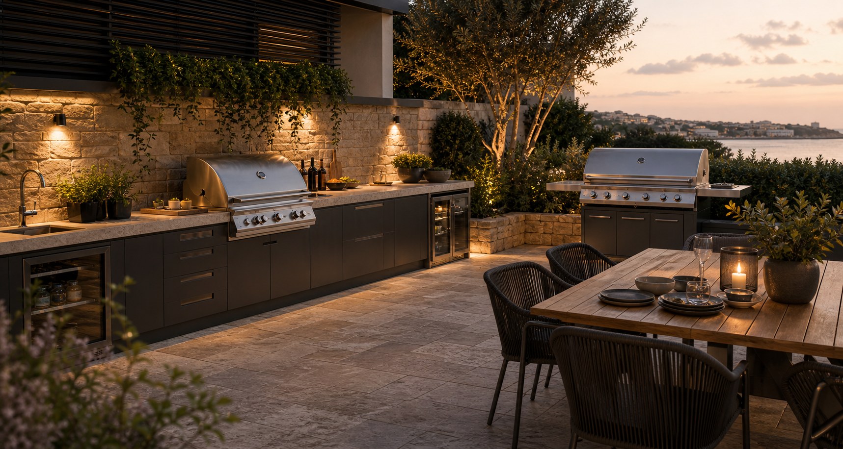 Outdoor kitchen and barbecue terrace with dining table at dusk
