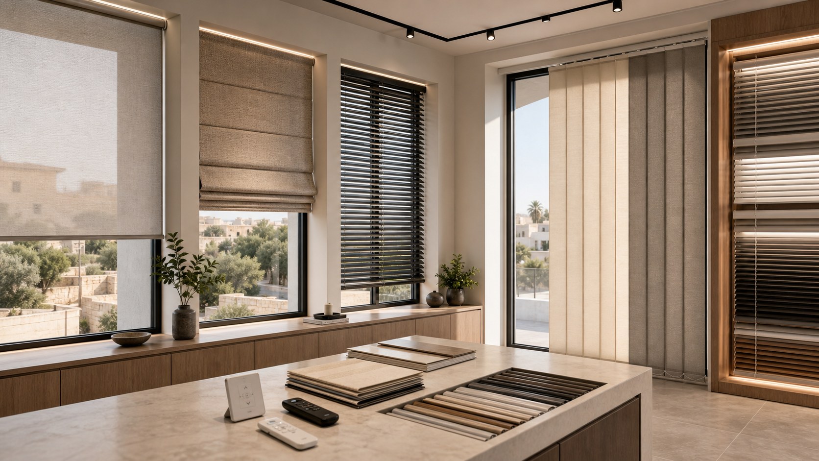 Window display with roller, Roman and Venetian blind directions beside material samples