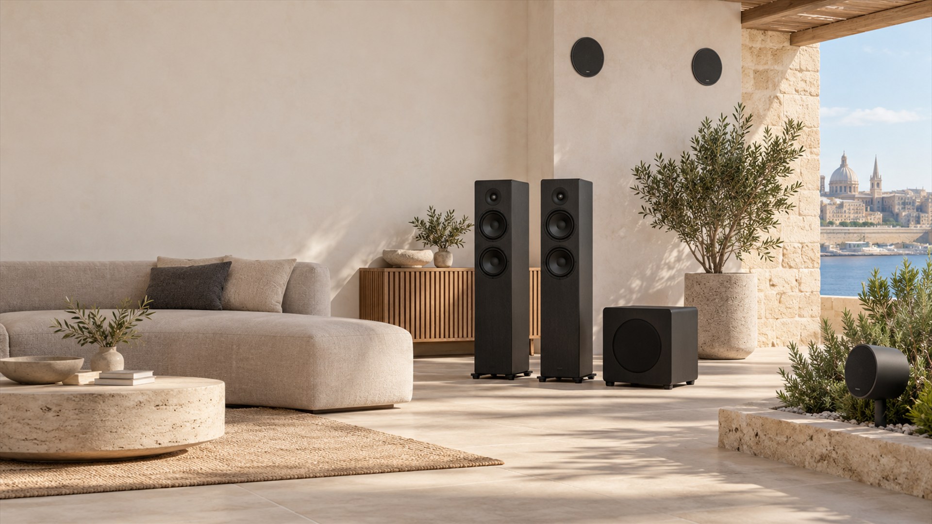 Floor-standing, wall-mounted and garden speakers with a subwoofer in a Mediterranean living space
