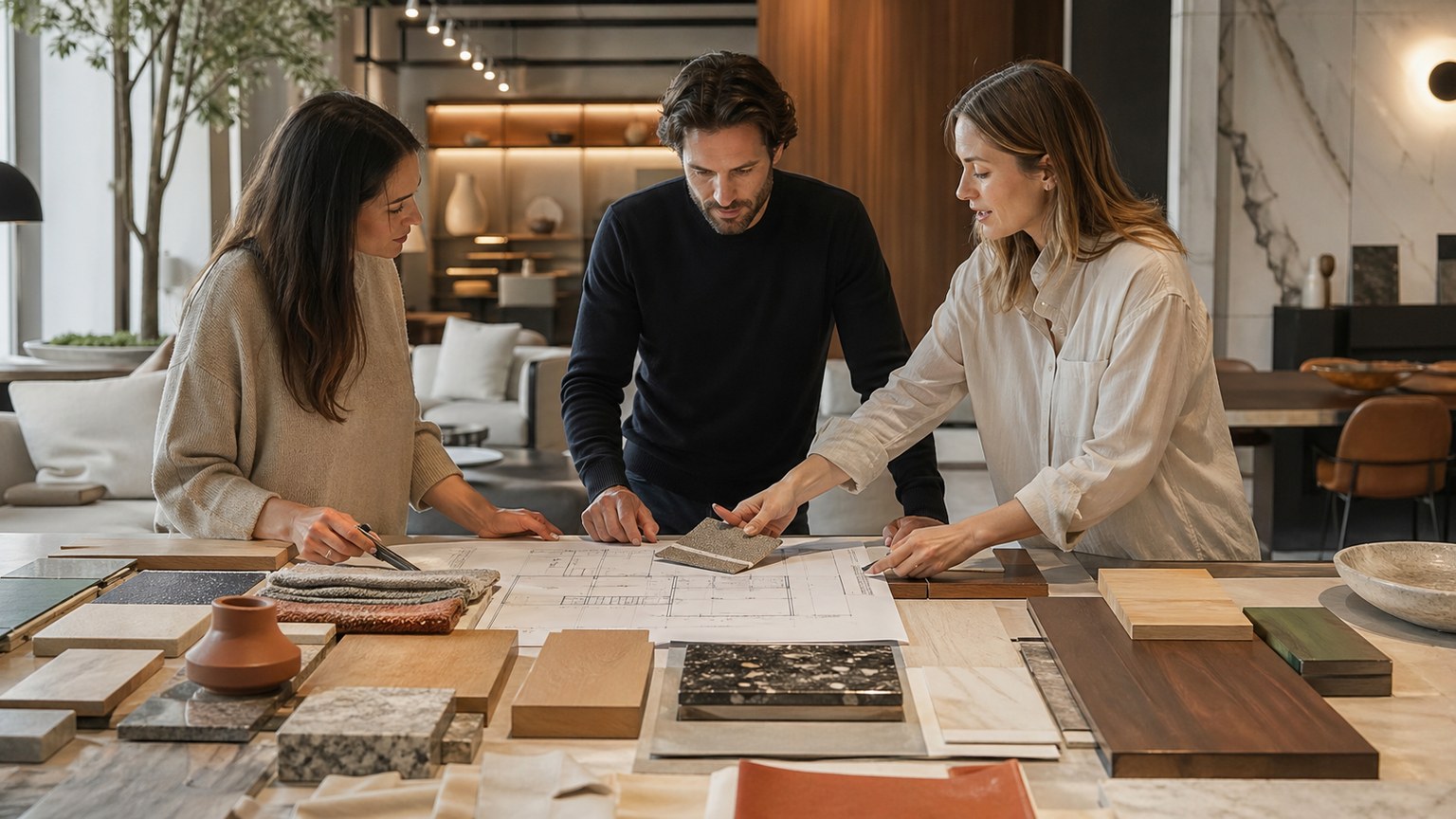 Design professionals and a client reviewing plans, material samples and finishes in a warm interior studio