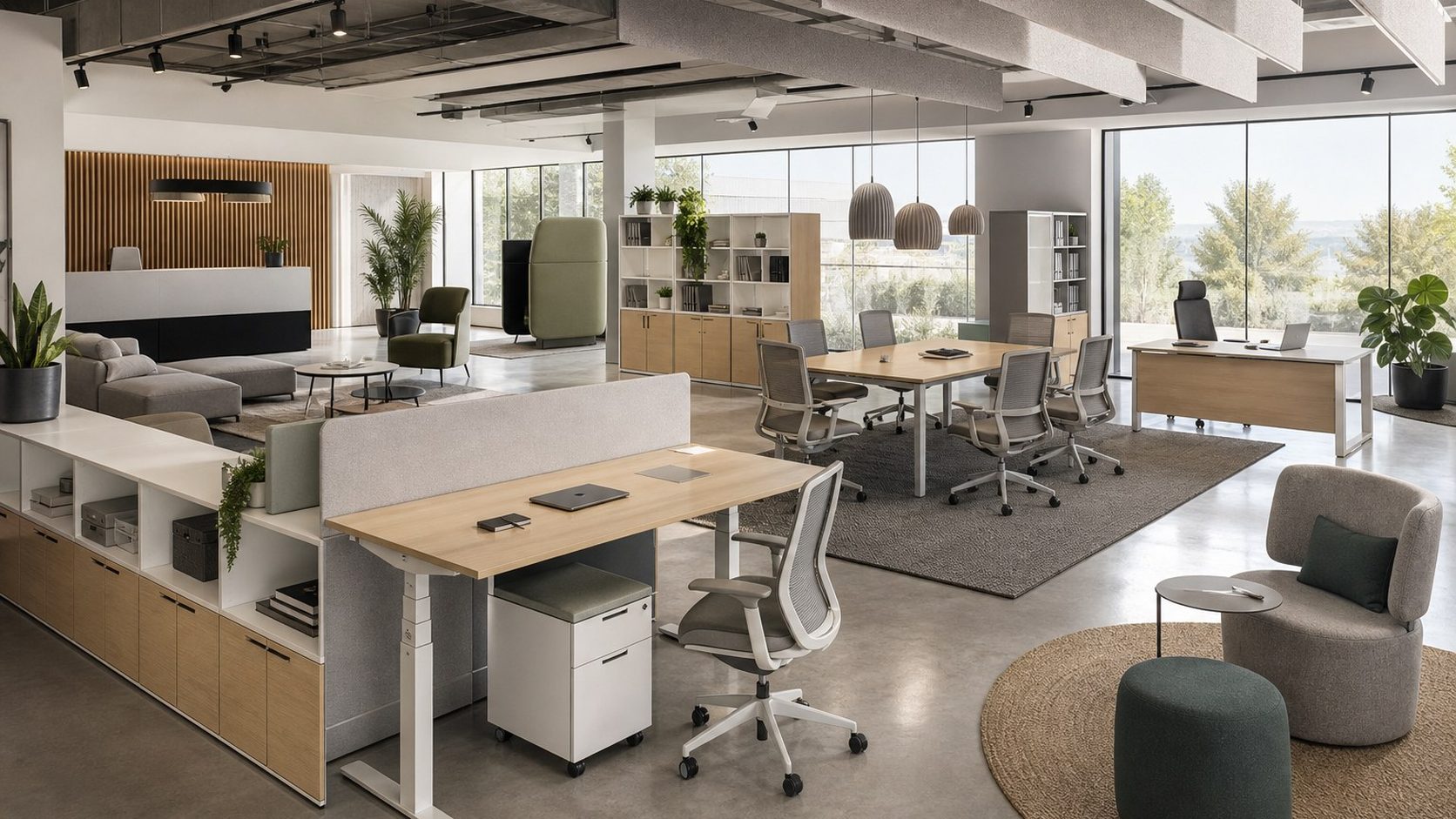 Modern contract office with desks, meeting furniture and lounge seating