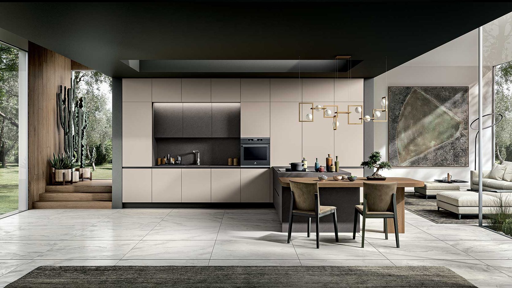 Contemporary GM kitchen and living setting with dining table and fitted cabinetry