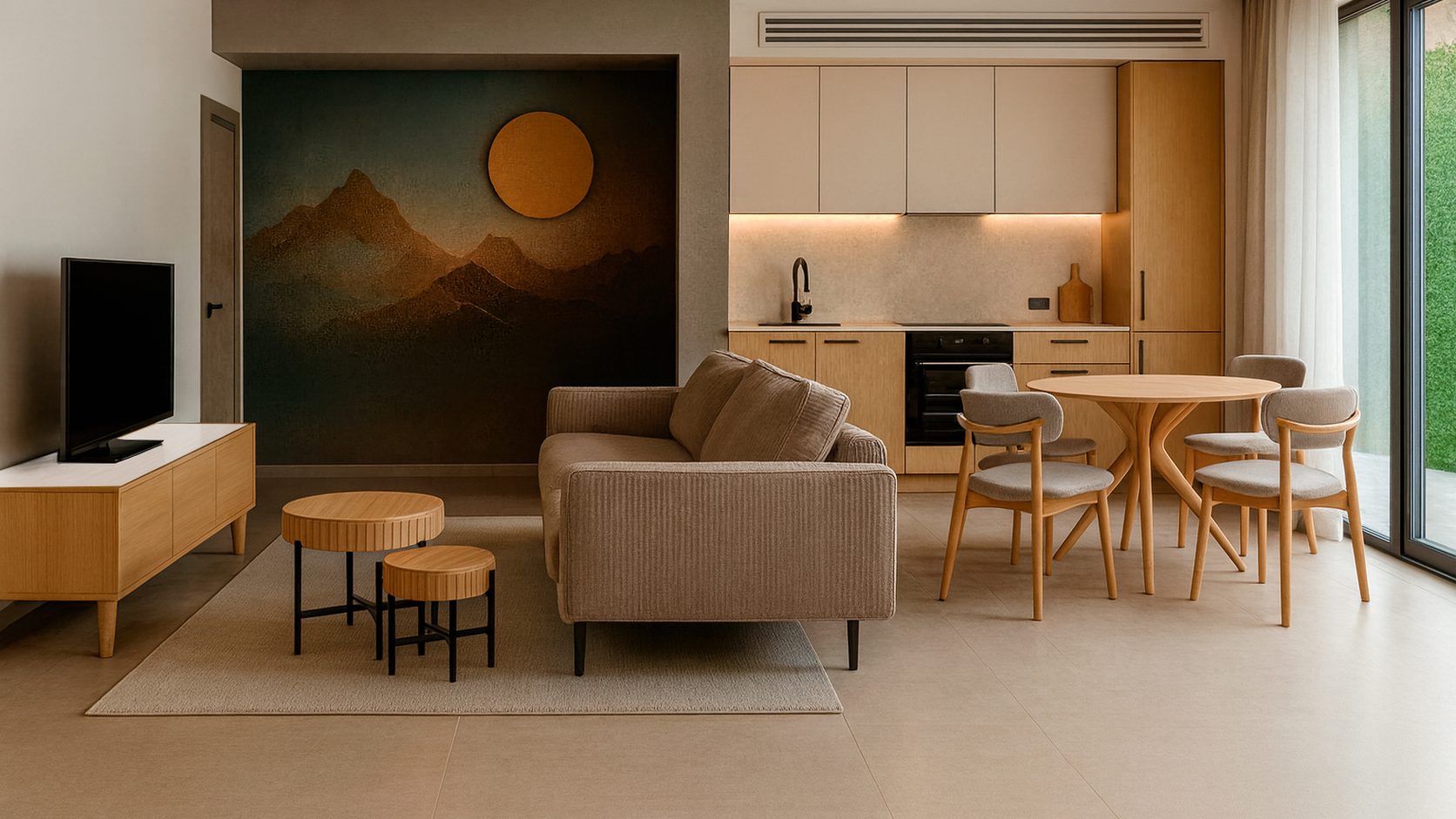 Cashmere apartment living and dining room with sofa, media console and fitted kitchen