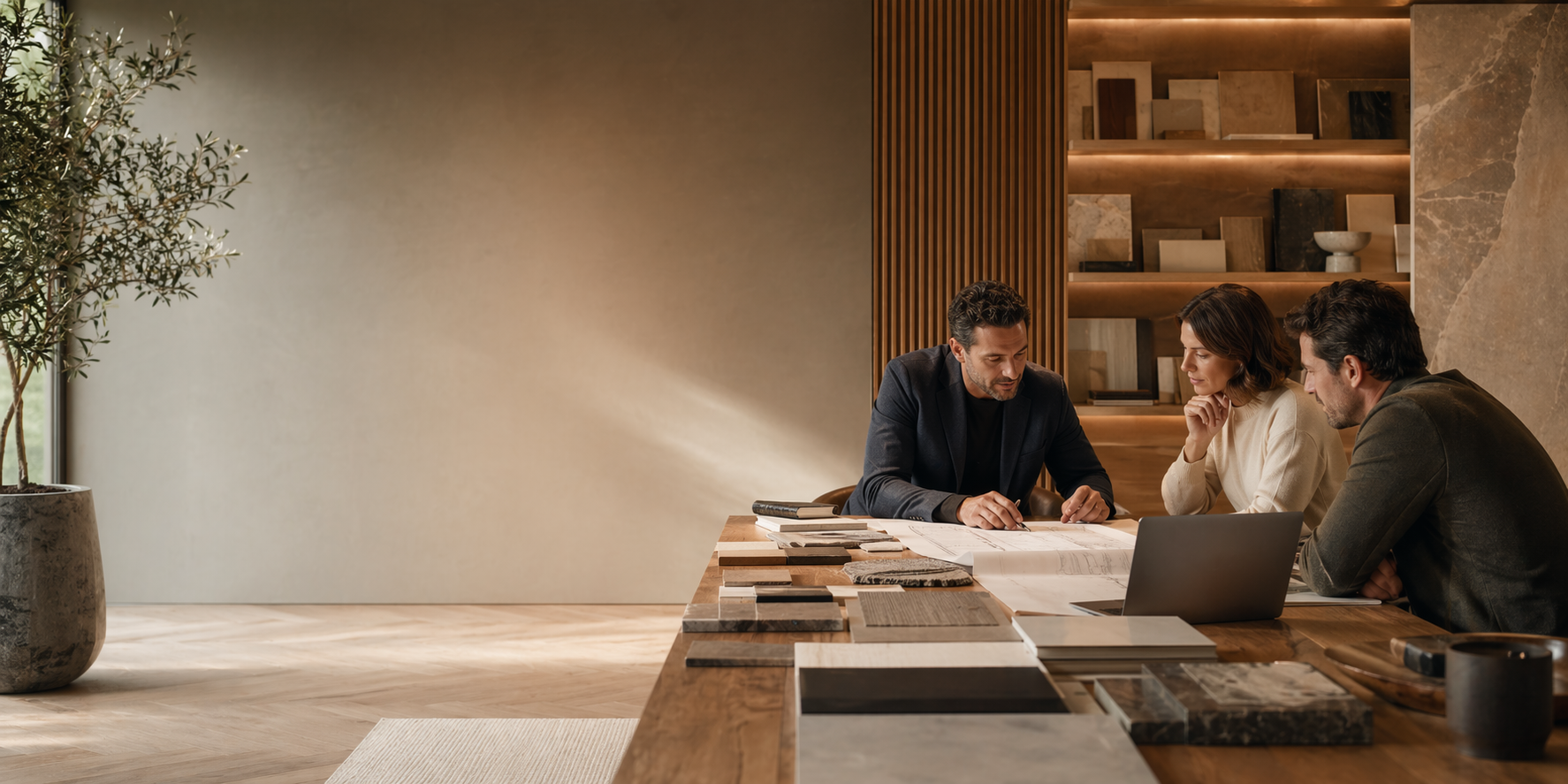 Design professionals reviewing finishes and plans with a client in a refined interior studio
