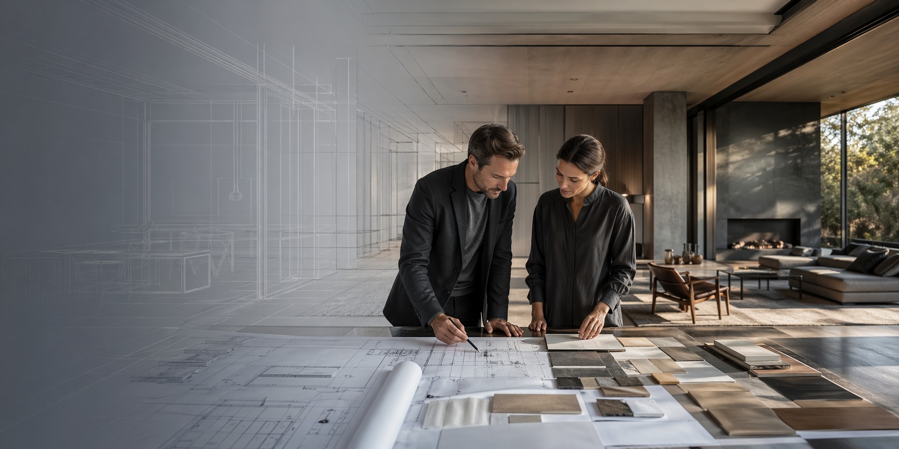 Design professionals reviewing interior plans as a wireframe scene transitions into a finished interior