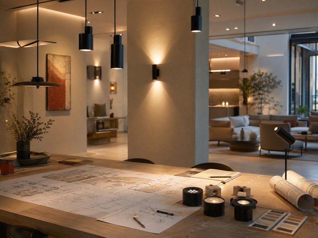 Warm contemporary interior lighting being reviewed for a design brief