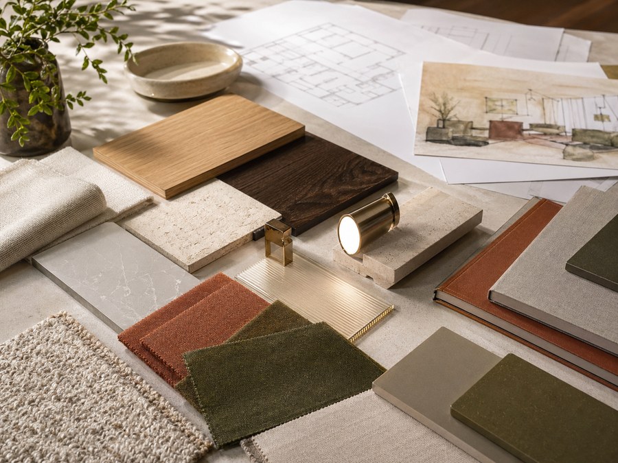 Specification table with lighting and interior design material references