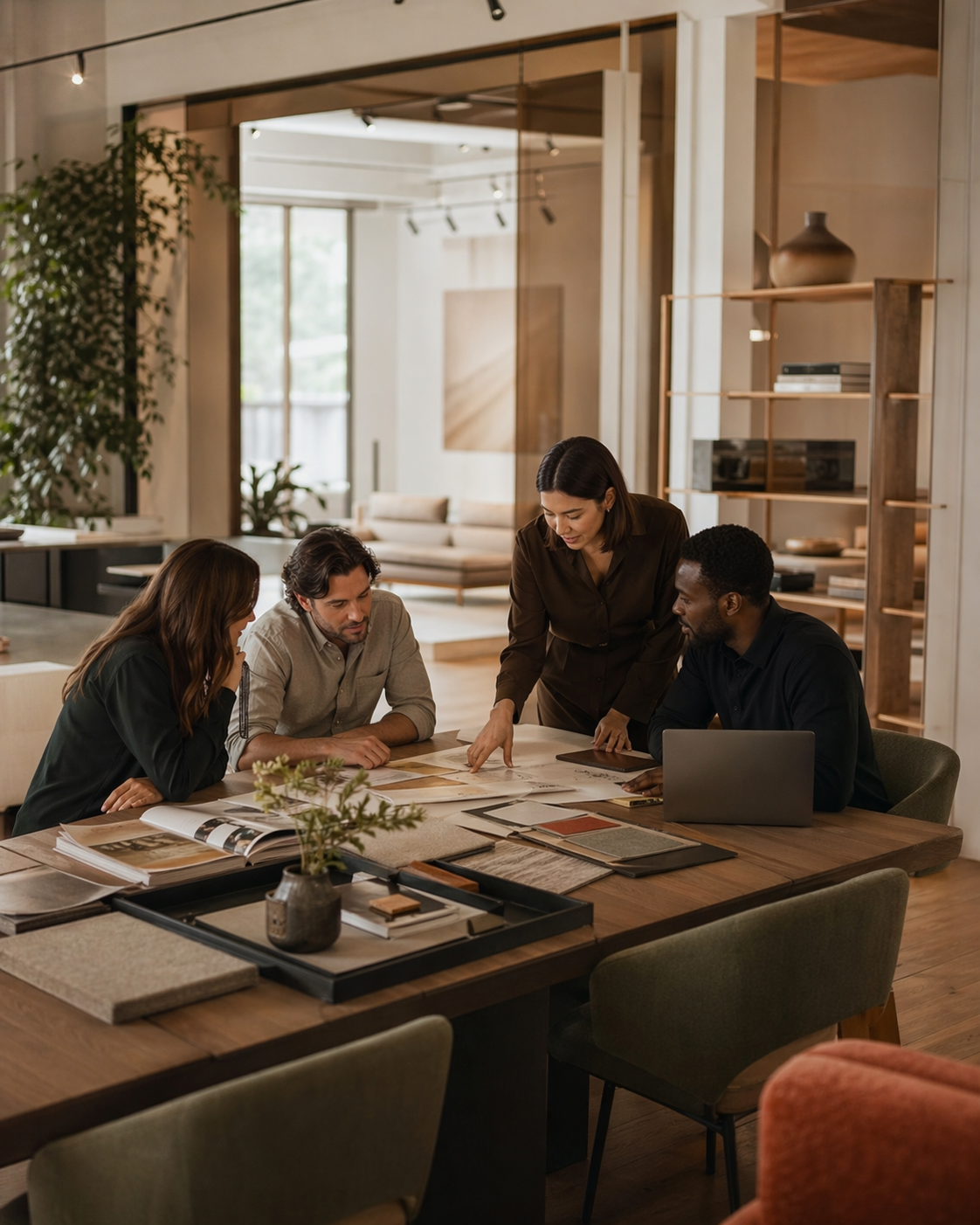 VALÀ team members collaborating in a warm contemporary workplace