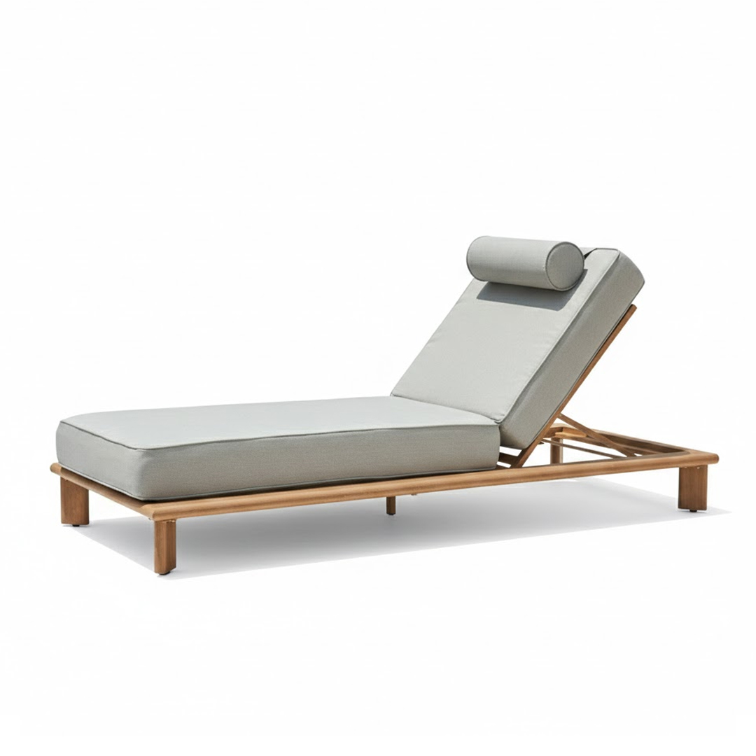 Sun Lounger – Aluminium Wood Effect & Beige Cushion