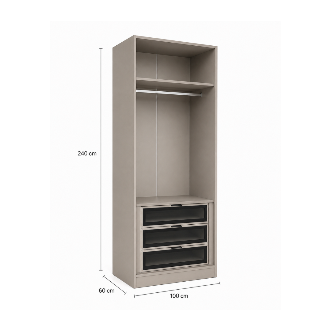Wardrobe with Shelves 100x240 cm, Hanging Rail & Glass Drawers – Taupe